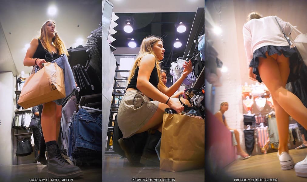 Two Girls Upskirted Bending Over While Shopping