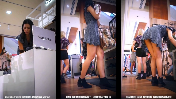asian reveals ass cheeks bending over and on escalator