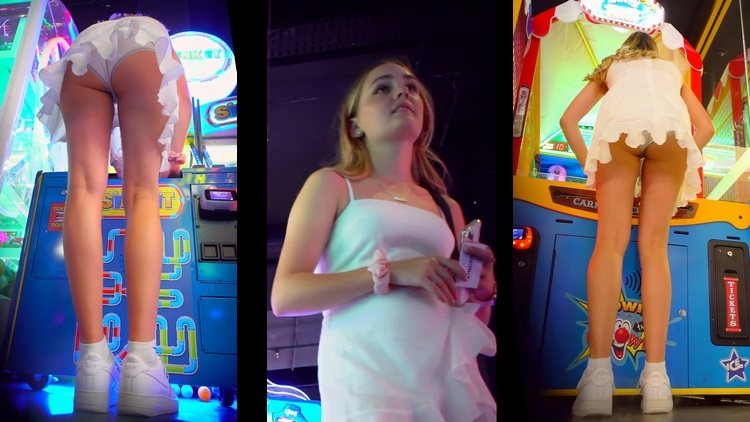 Cute Teen Upskirted Bending Over In White Dress