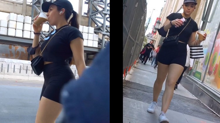 Brunette With Short Black Spandex And Juicy Ass