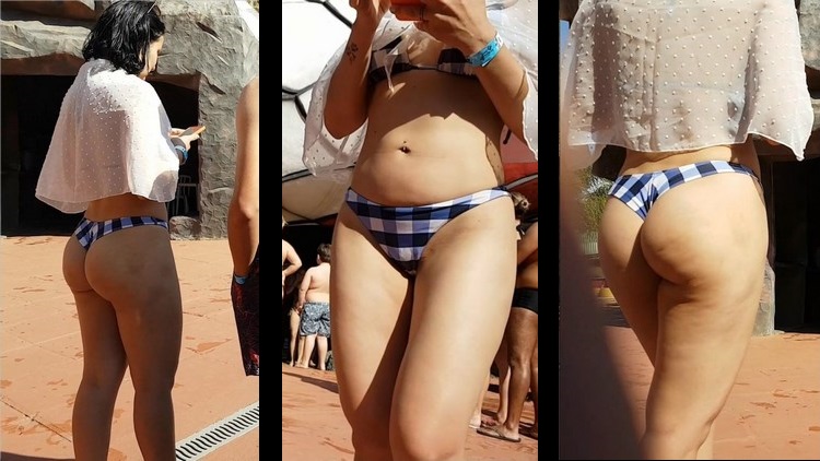 Brunette Girl With Plaid Thong Close Up on The Butt
